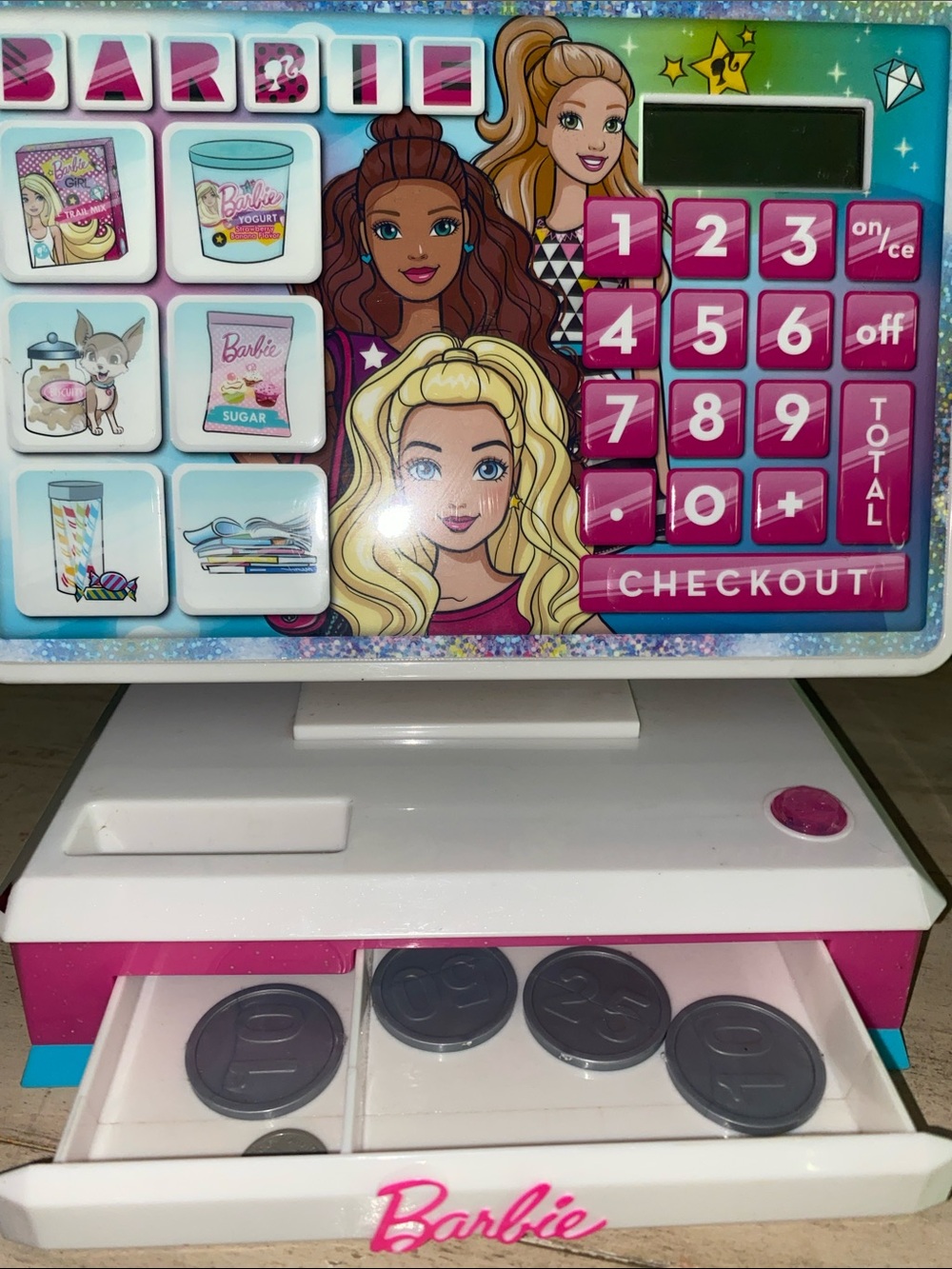 Barbie Cash Register, works see video, 5 coins included